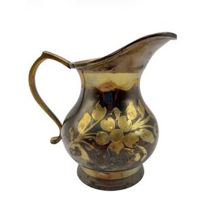 Vintage Brass Two Tone Floral Pitcher Small Etched Creamer Decorative Vase